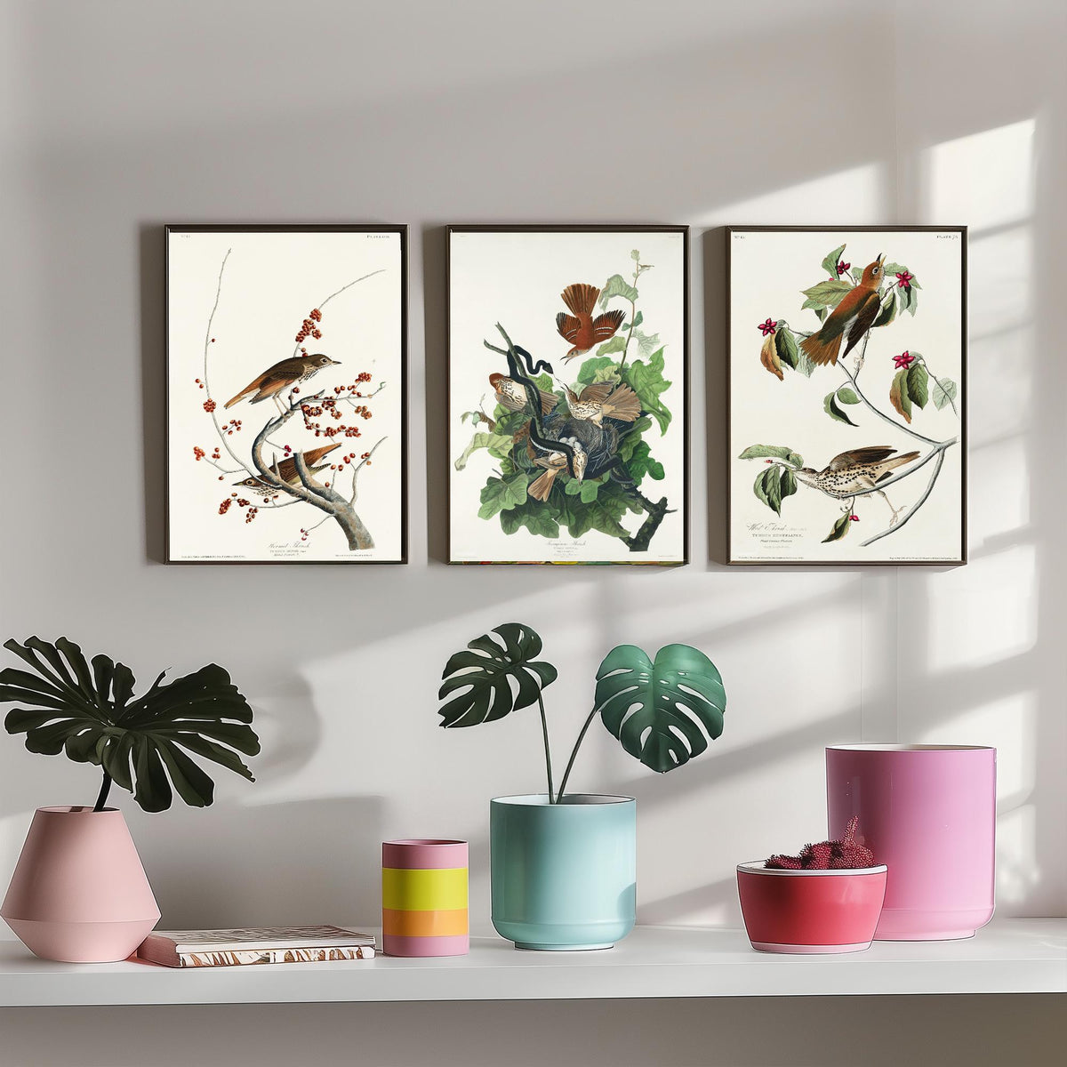 Set of Three John James Audubon Prints - Hermit Ferruginous and Wood Thrushes - 3 Thrush Paintings Poster Wall Art Illustration