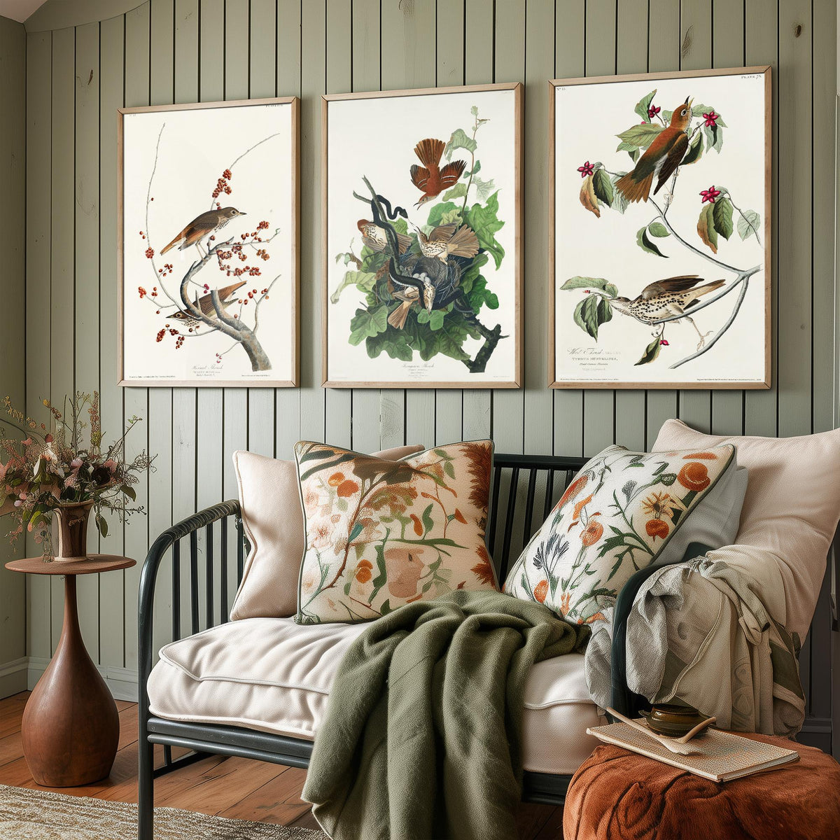 Set of Three John James Audubon Prints - Hermit Ferruginous and Wood Thrushes - 3 Thrush Paintings Poster Wall Art Illustration