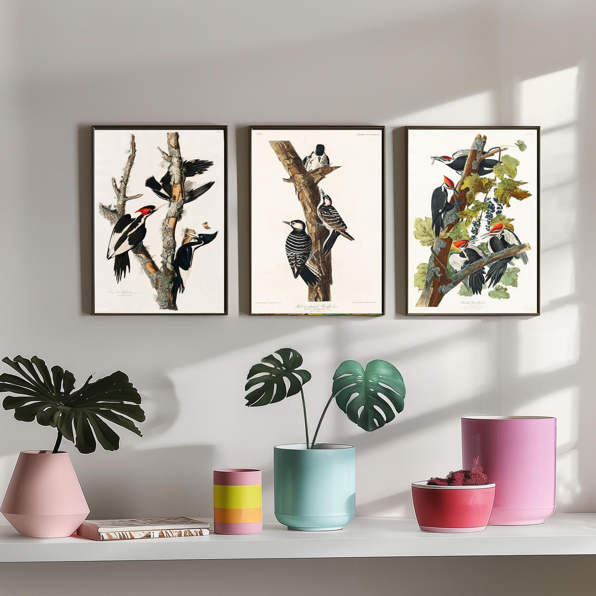 Set of Three John James Audubon Prints - Ivory-billed Red-cockaded and Pileated Woodpeckers - 3 Bird Paintings Poster Art Illustration