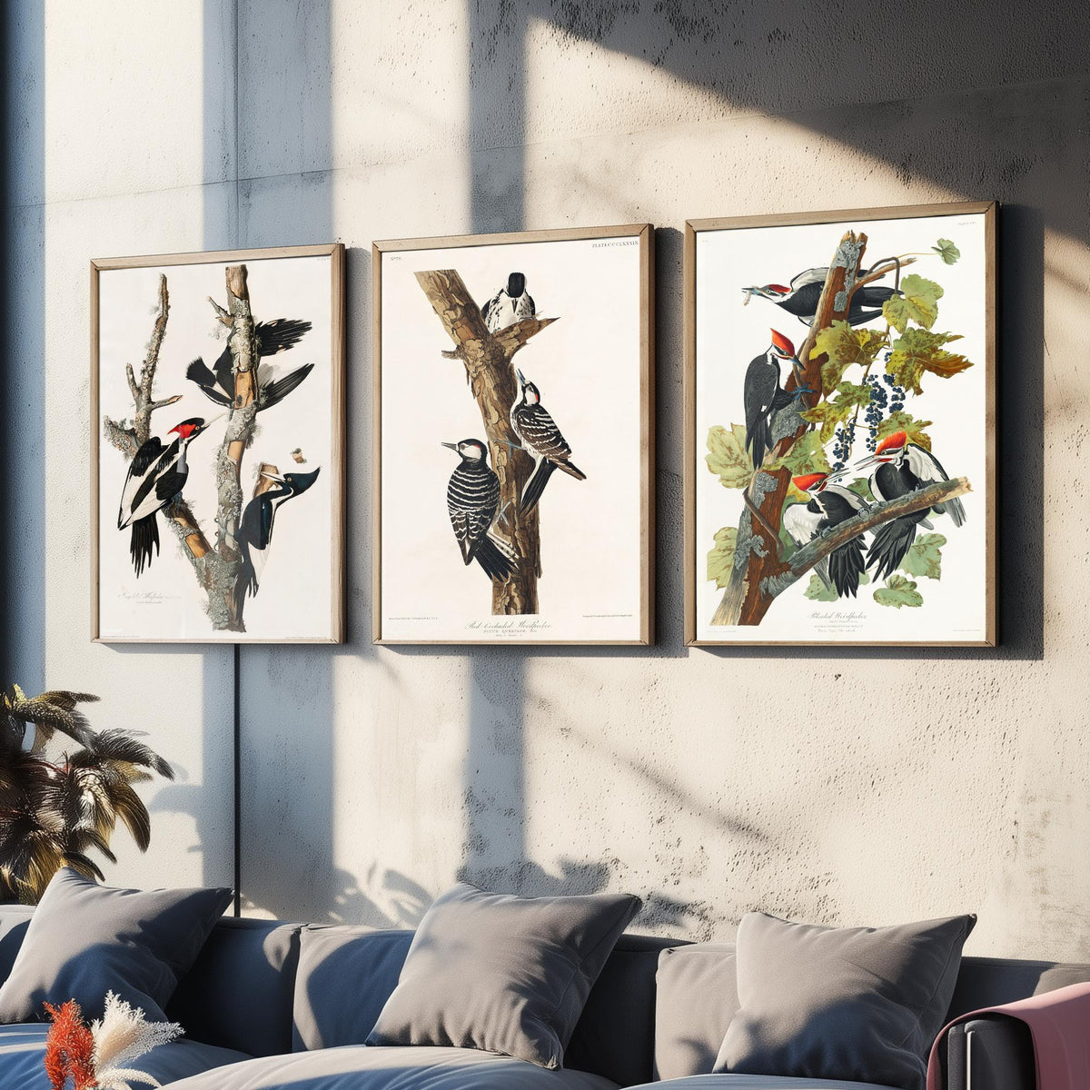 Set of Three John James Audubon Prints - Ivory-billed Red-cockaded and Pileated Woodpeckers - 3 Bird Paintings Poster Art Illustration