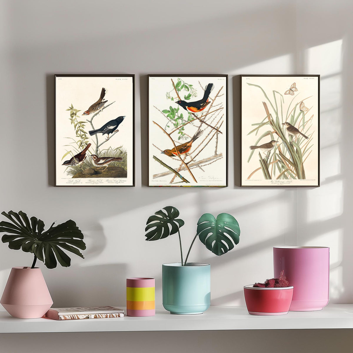 Set of Three John James Audubon Prints - Lark Finch Towhee Bunting and MacGillivrays Finch - 3 Bird Paintings Poster Wall Art Gift