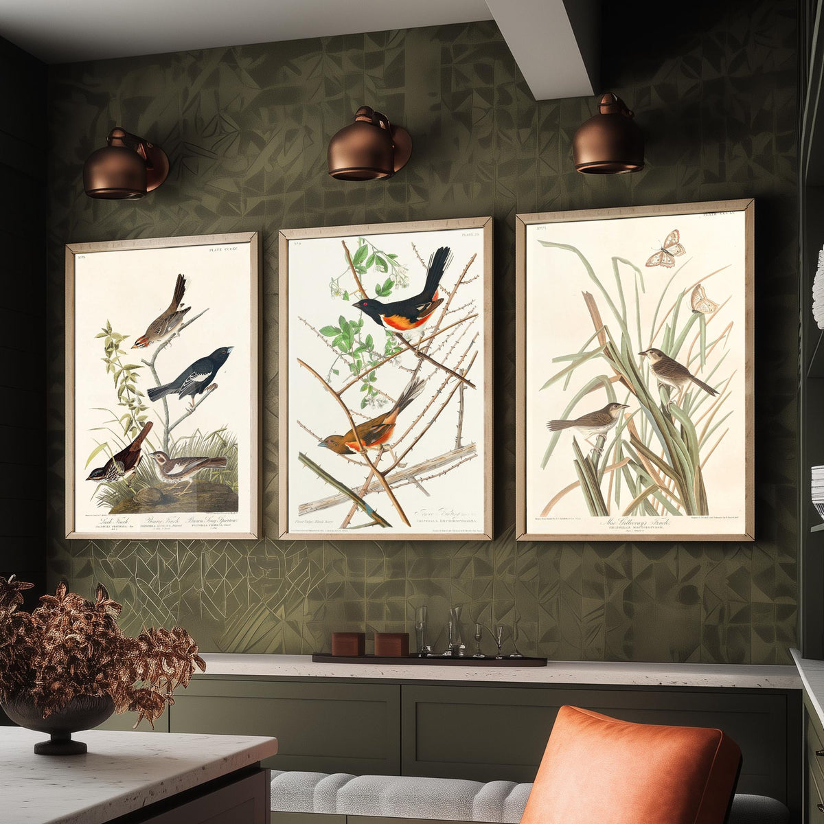 Set of Three John James Audubon Prints - Lark Finch Towhee Bunting and MacGillivrays Finch - 3 Bird Paintings Poster Wall Art Gift