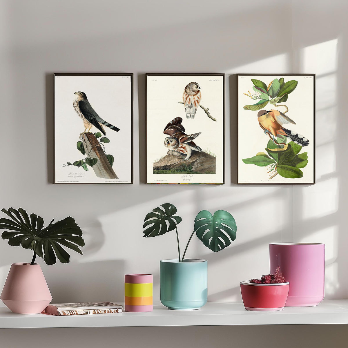 Set of Three John James Audubon Prints - Le Petit Caporal Little Owl and Mangrove Cuckoo - 3 Bird Paintings Poster Wall Art Gift