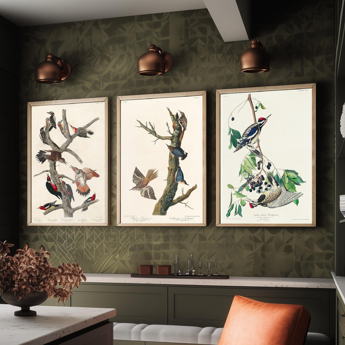 Set of Three John James Audubon Prints - Lewis Woodpecker Brown Creeper Yellow-bellied Woodpecker - 3 Bird Paintings Poster Wall Art