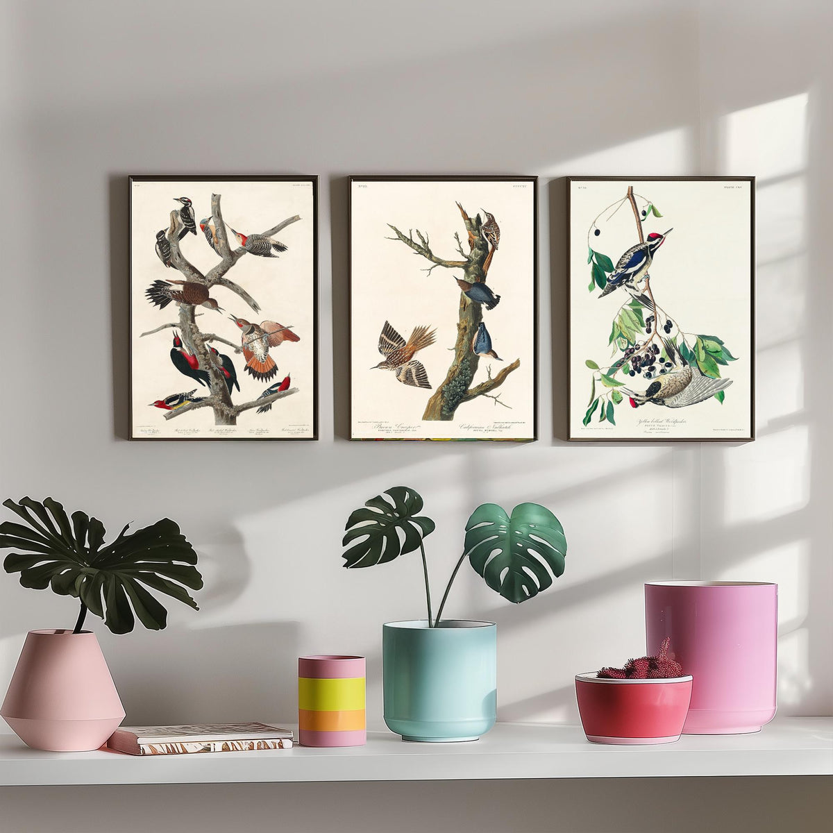 Set of Three John James Audubon Prints - Lewis Woodpecker Brown Creeper Yellow-bellied Woodpecker - 3 Bird Paintings Poster Wall Art