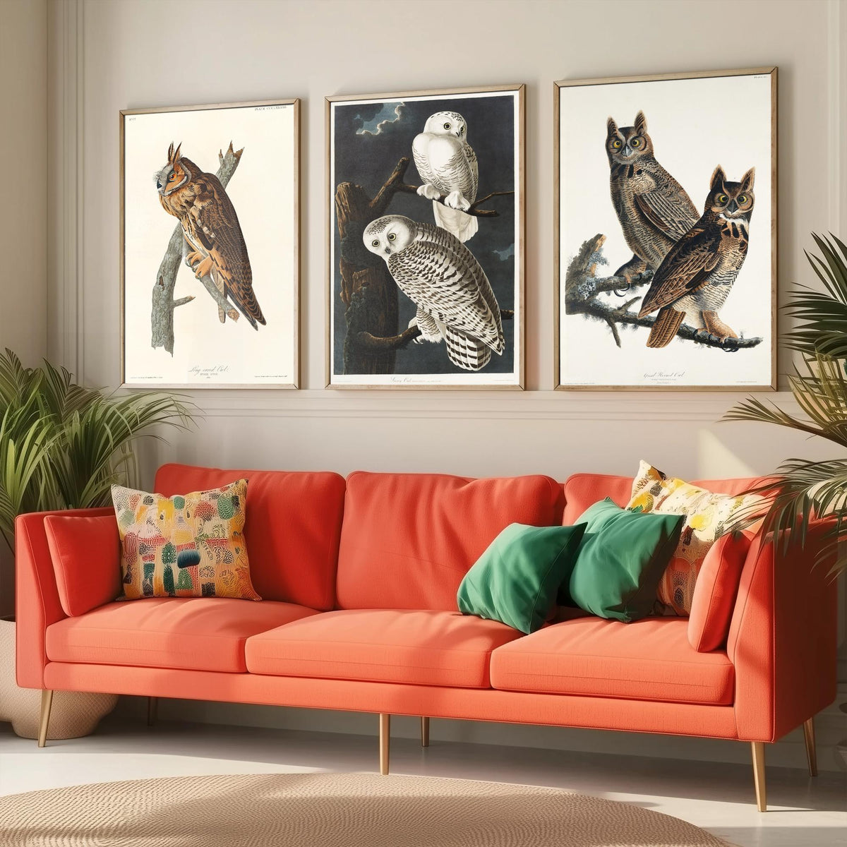 Set of Three John James Audubon Prints - Long-eared Owl Snowy Owl Great Horned Owl - 3 Bird Paintings Poster Wall Art Gift Vintage