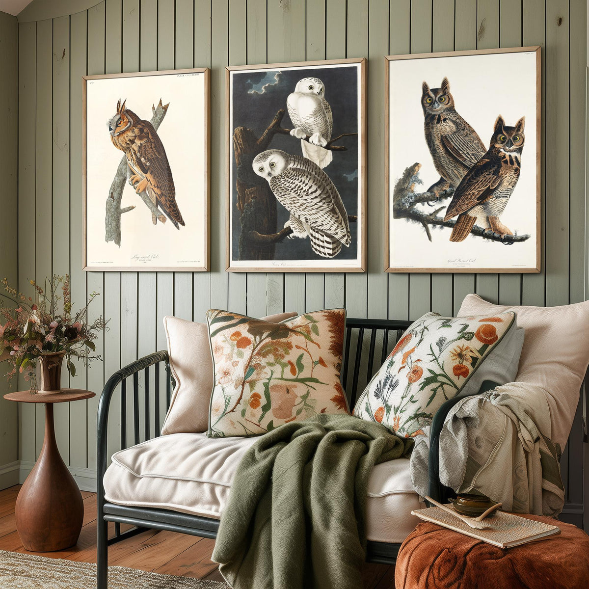 Set of Three John James Audubon Prints - Long-eared Owl Snowy Owl Great Horned Owl - 3 Bird Paintings Poster Wall Art Gift Vintage
