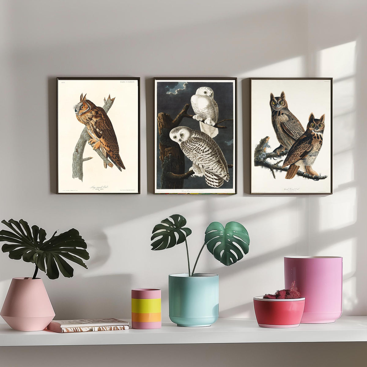 Set of Three John James Audubon Prints - Long-eared Owl Snowy Owl Great Horned Owl - 3 Bird Paintings Poster Wall Art Gift Vintage