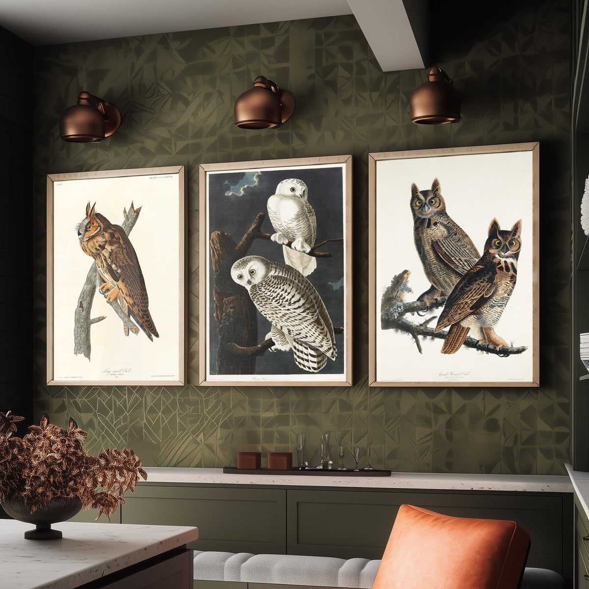 Set of Three John James Audubon Prints - Long-eared Owl Snowy Owl Great Horned Owl - 3 Bird Paintings Poster Wall Art Gift Vintage