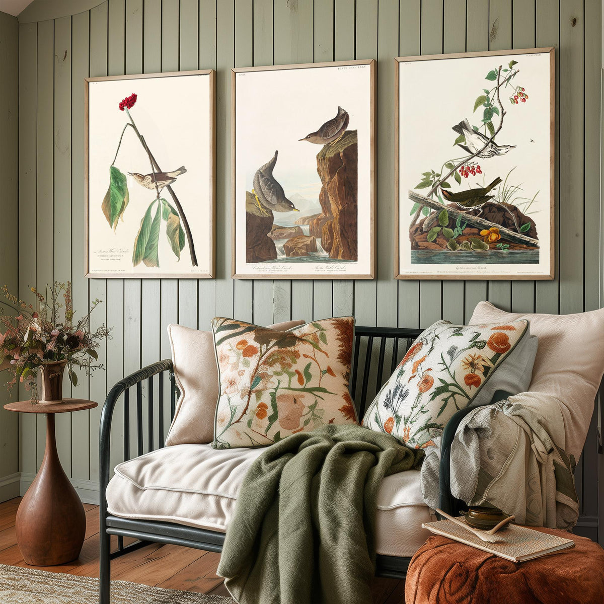 Set of Three John James Audubon Prints - Louisiana Water Thrush Ouzel and Golden-crowned Thrush - 3 Bird Paintings Poster Wall Art