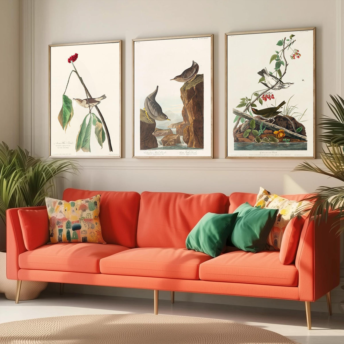 Set of Three John James Audubon Prints - Louisiana Water Thrush Ouzel and Golden-crowned Thrush - 3 Bird Paintings Poster Wall Art