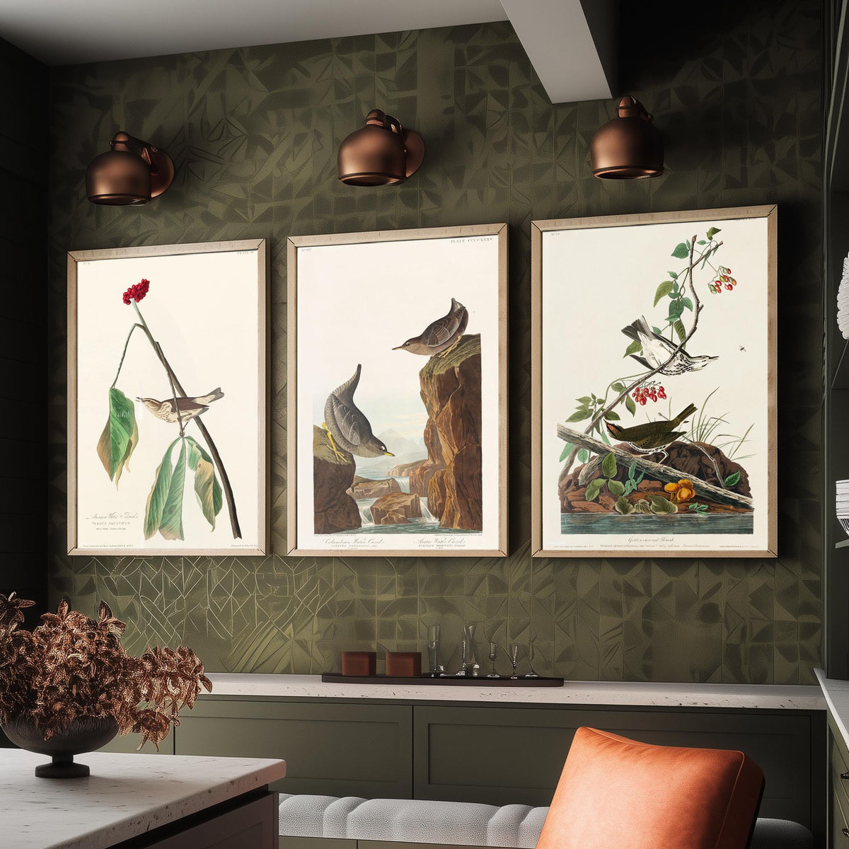 Set of Three John James Audubon Prints - Louisiana Water Thrush Ouzel and Golden-crowned Thrush - 3 Bird Paintings Poster Wall Art