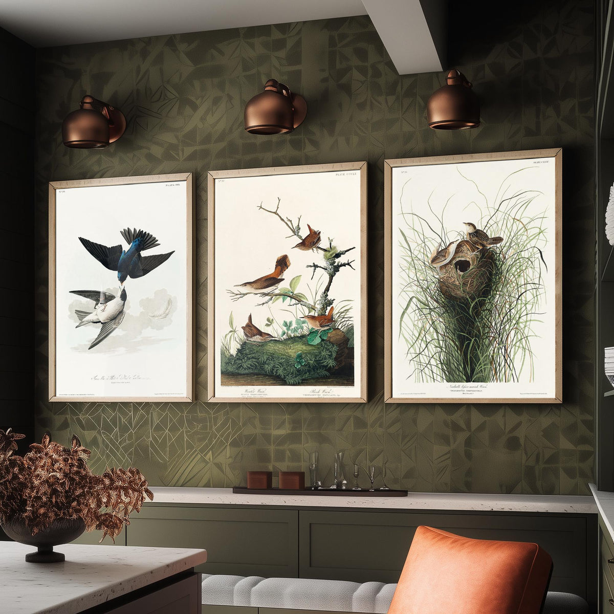 Set of Three John James Audubon Prints - White-bellied Swallow Winter Wren and Marsh Wren - 3 Bird Paintings Poster Wall Art Gift