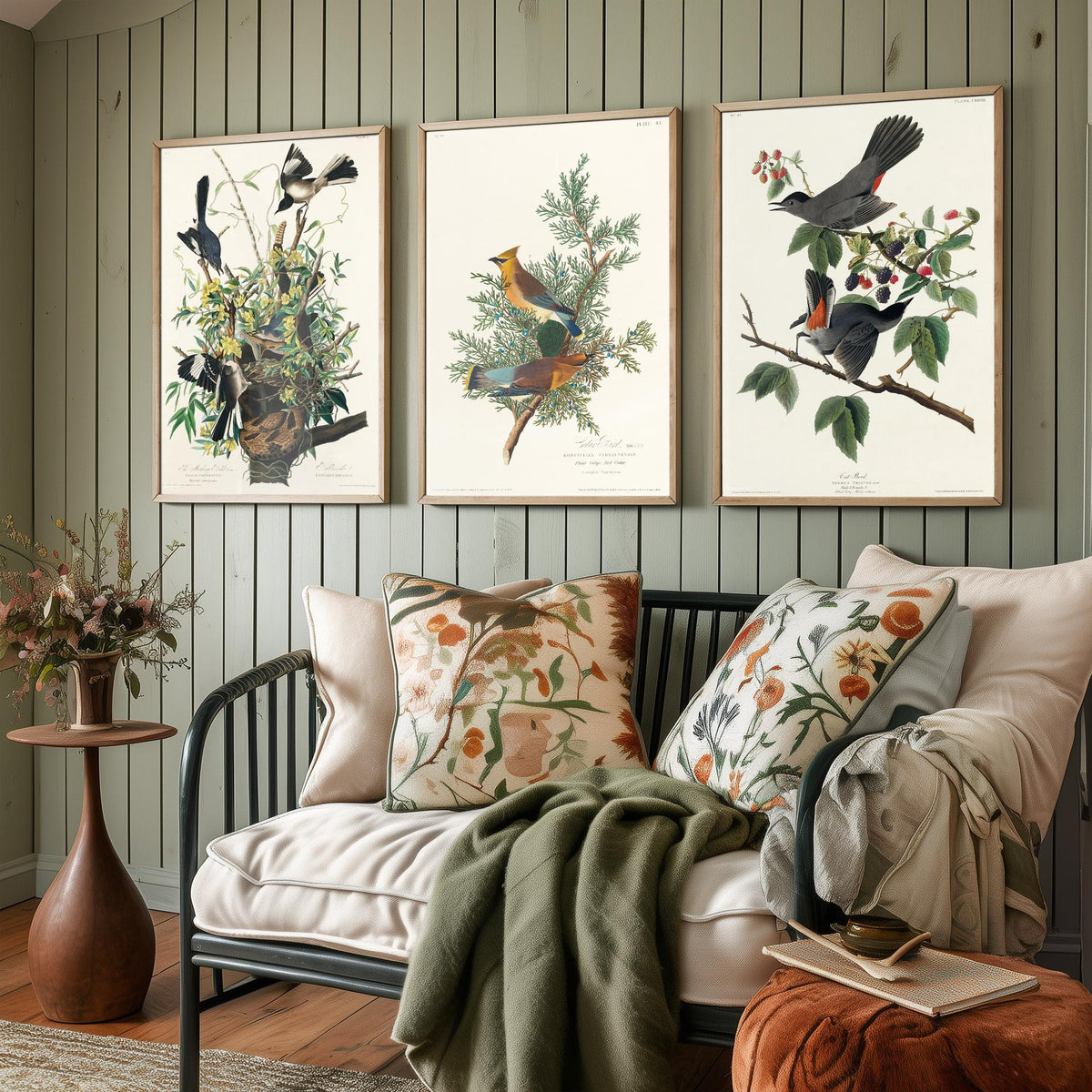 Set of Three John James Audubon Prints - Mockingbird Cedar Waxwing and Catbird - 3 Bird Paintings Poster Wall Art Gift Vintage