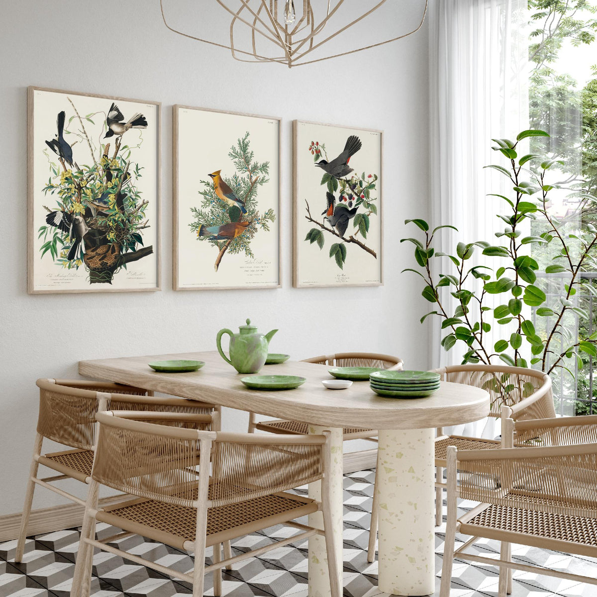 Set of Three John James Audubon Prints - Mockingbird Cedar Waxwing and Catbird - 3 Bird Paintings Poster Wall Art Gift Vintage