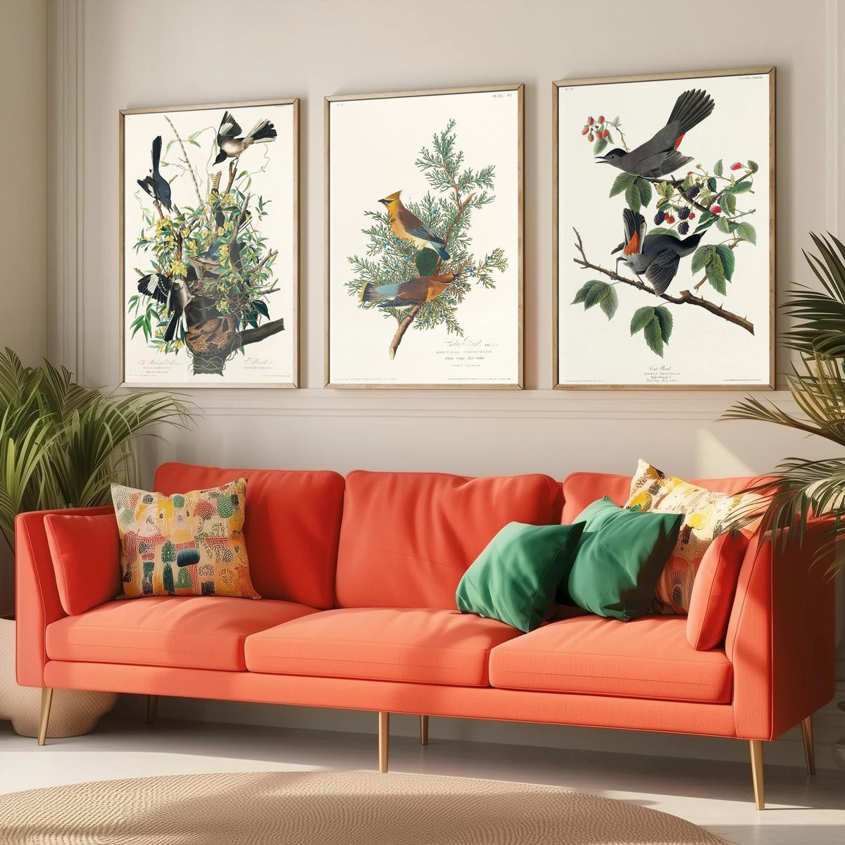 Set of Three John James Audubon Prints - Mockingbird Cedar Waxwing and Catbird - 3 Bird Paintings Poster Wall Art Gift Vintage