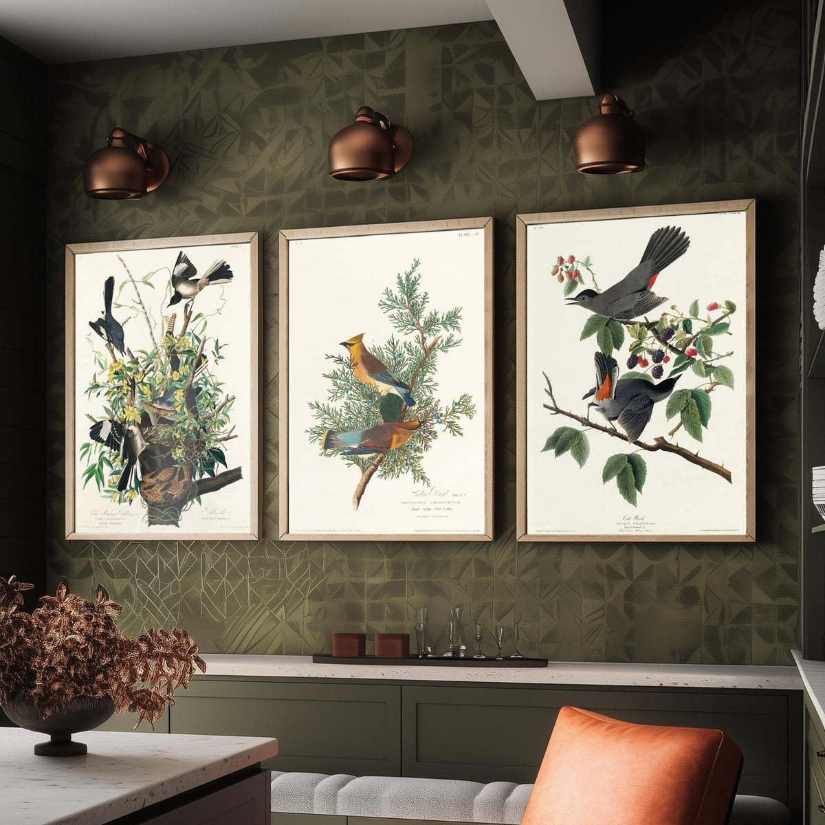 Set of Three John James Audubon Prints - Mockingbird Cedar Waxwing and Catbird - 3 Bird Paintings Poster Wall Art Gift Vintage