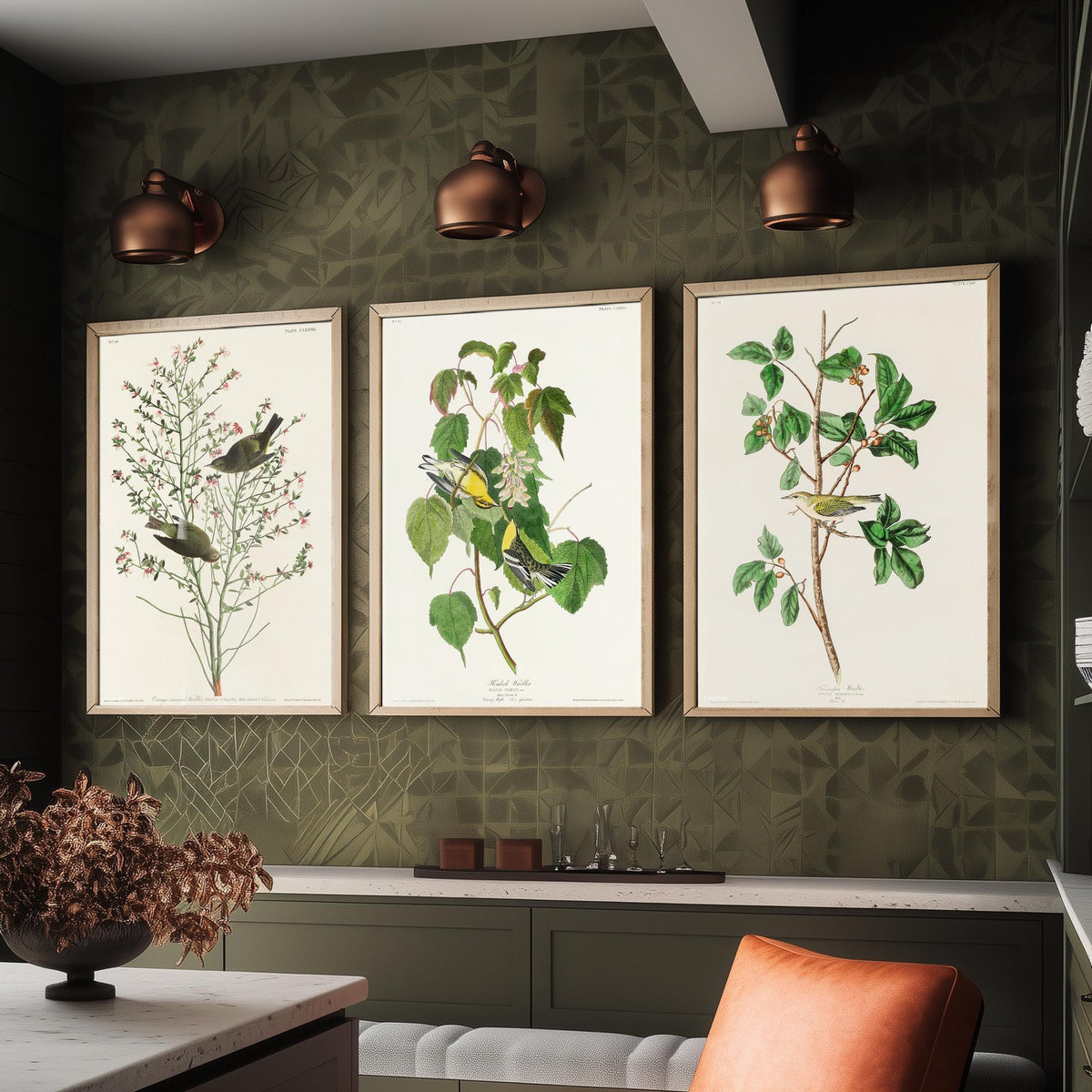 Set of Three John James Audubon Prints - Orange-crowned Hemlock and Tennessee Warbler - 3 Bird Paintings Poster Wall Art Gift Vintage