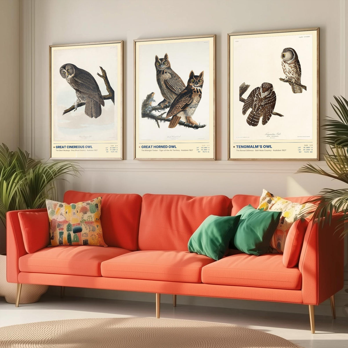 Audubon Owls Set of Three Art Prints - Great Cinereous Owl, Great Horned Owl, Tengmalm's Owl - Dark Academia Illustrations Wall Posters