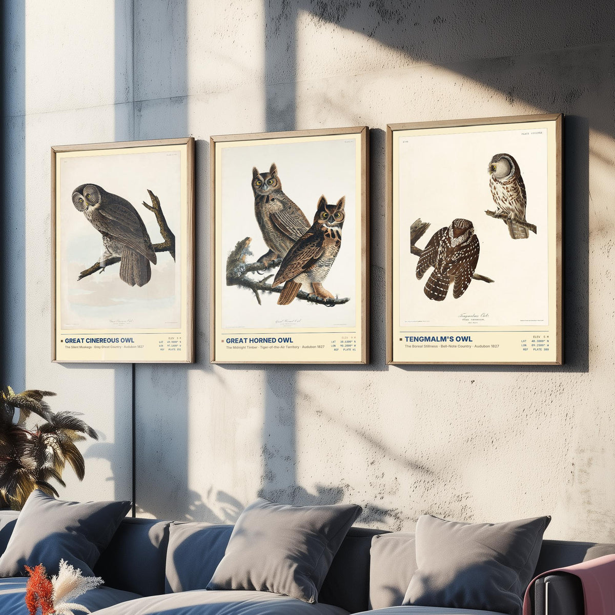 Audubon Owls Set of Three Art Prints - Great Cinereous Owl, Great Horned Owl, Tengmalm's Owl - Dark Academia Illustrations Wall Posters