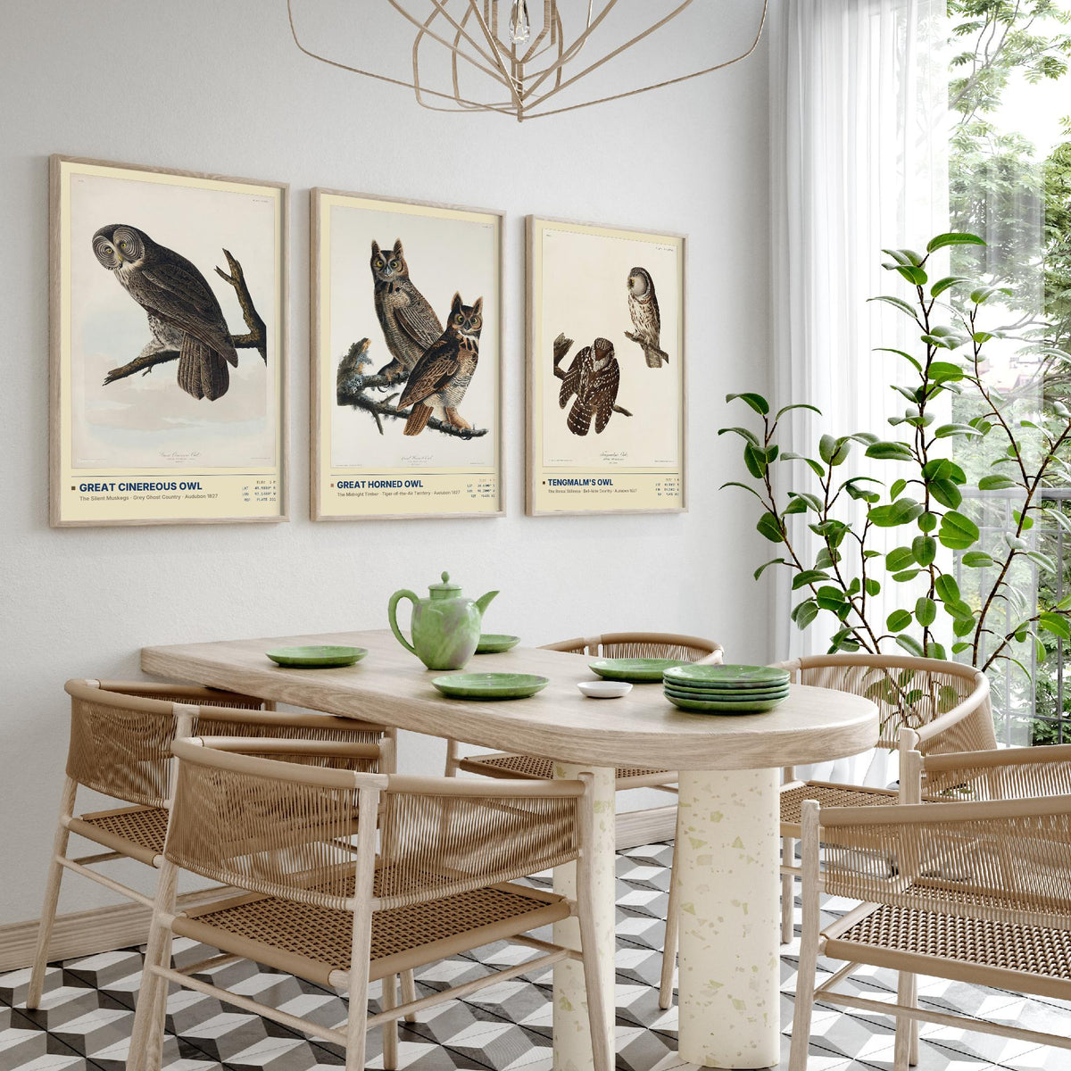 Audubon Owls Set of Three Art Prints - Great Cinereous Owl, Great Horned Owl, Tengmalm's Owl - Dark Academia Illustrations Wall Posters