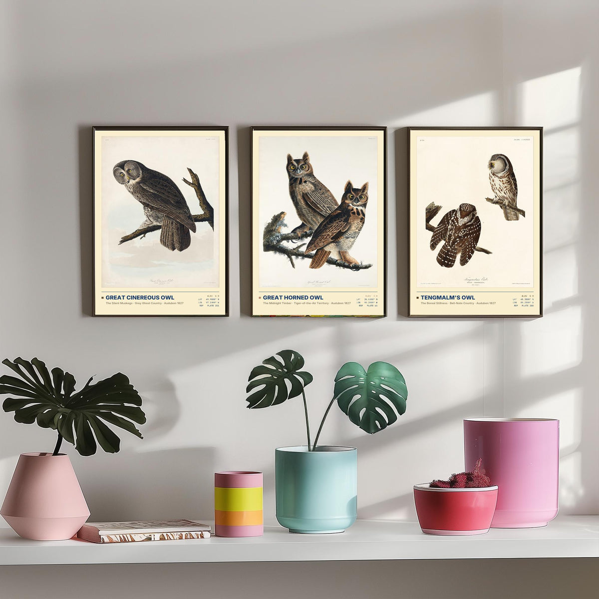 Audubon Owls Set of Three Art Prints - Great Cinereous Owl, Great Horned Owl, Tengmalm's Owl - Dark Academia Illustrations Wall Posters
