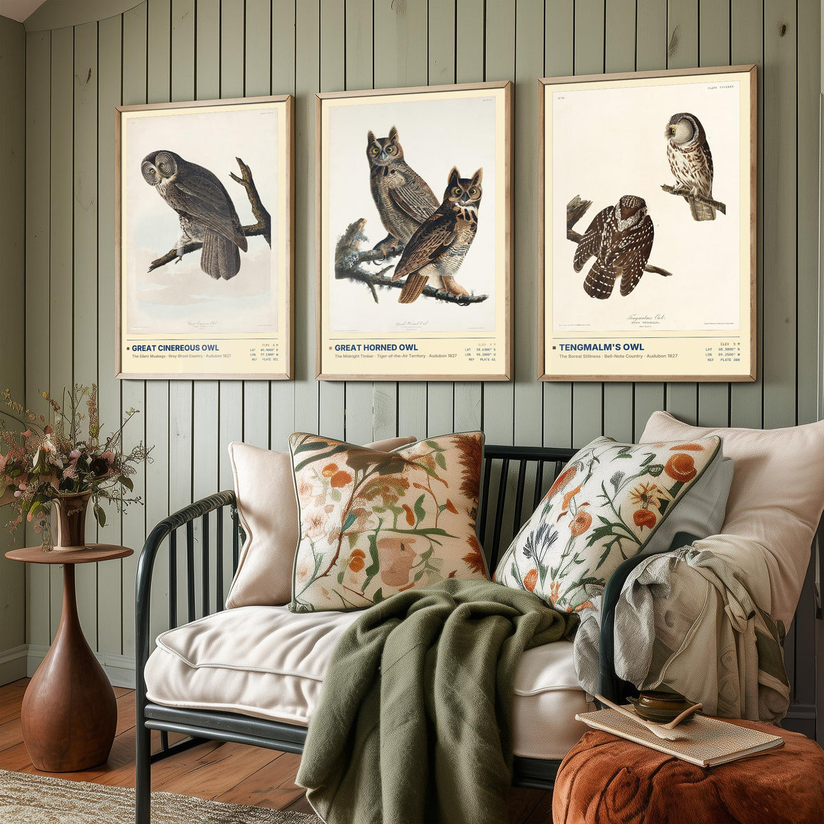 Audubon Owls Set of Three Art Prints - Great Cinereous Owl, Great Horned Owl, Tengmalm's Owl - Dark Academia Illustrations Wall Posters