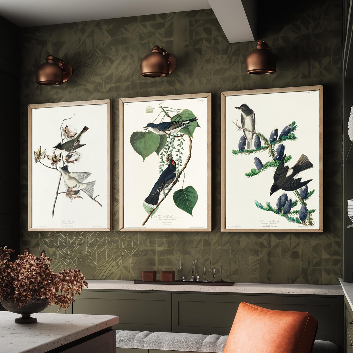 Set of Three John James Audubon Prints - Pewit Flycatcher Tyrant Flycatcher Olive-sided Flycatcher - 3 Bird Paintings Poster Wall Art