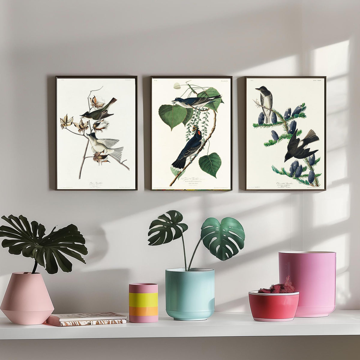 Set of Three John James Audubon Prints - Pewit Flycatcher Tyrant Flycatcher Olive-sided Flycatcher - 3 Bird Paintings Poster Wall Art