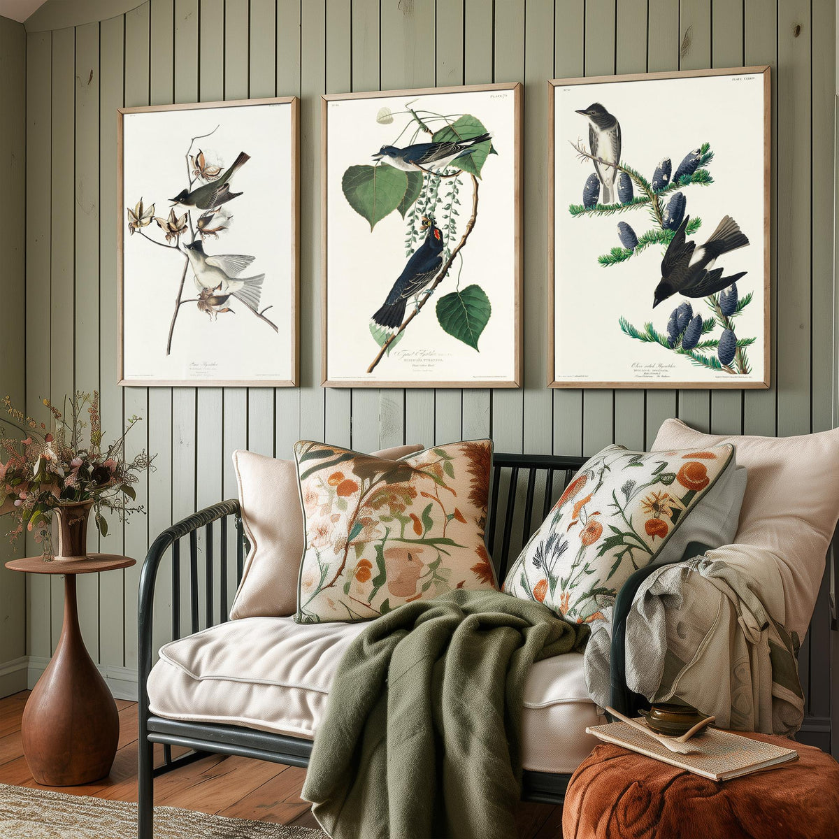 Set of Three John James Audubon Prints - Pewit Flycatcher Tyrant Flycatcher Olive-sided Flycatcher - 3 Bird Paintings Poster Wall Art