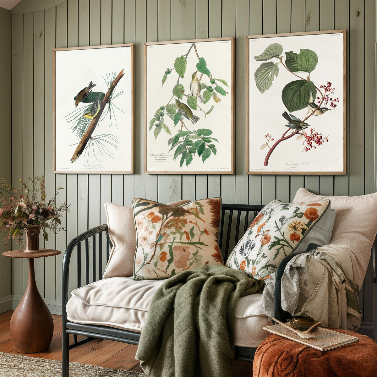 Set of Three John James Audubon Prints - Pine Creeping Warbler Autumnal Warbler Pine Swamp Warbler - 3 Bird Paintings Poster Wall Art