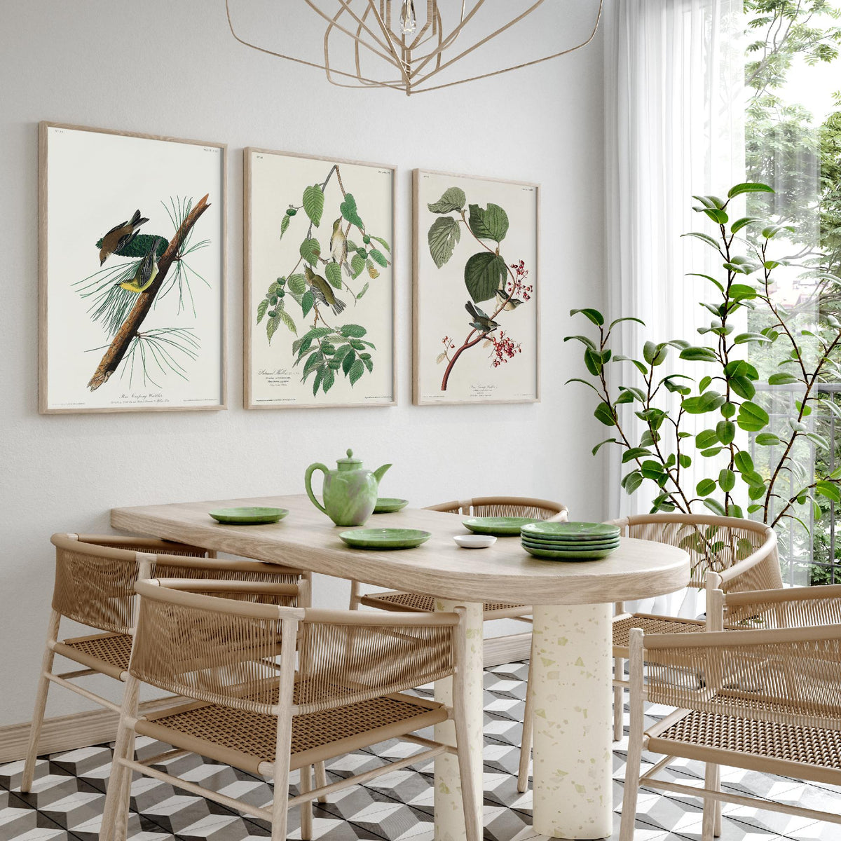 Set of Three John James Audubon Prints - Pine Creeping Warbler Autumnal Warbler Pine Swamp Warbler - 3 Bird Paintings Poster Wall Art