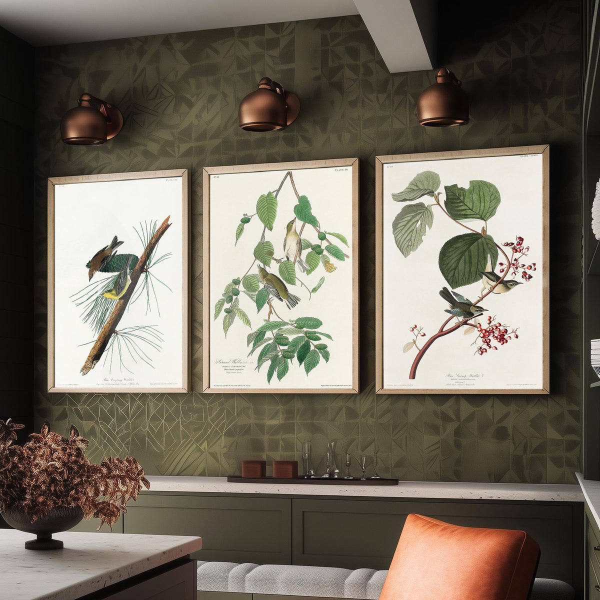 Set of Three John James Audubon Prints - Pine Creeping Warbler Autumnal Warbler Pine Swamp Warbler - 3 Bird Paintings Poster Wall Art