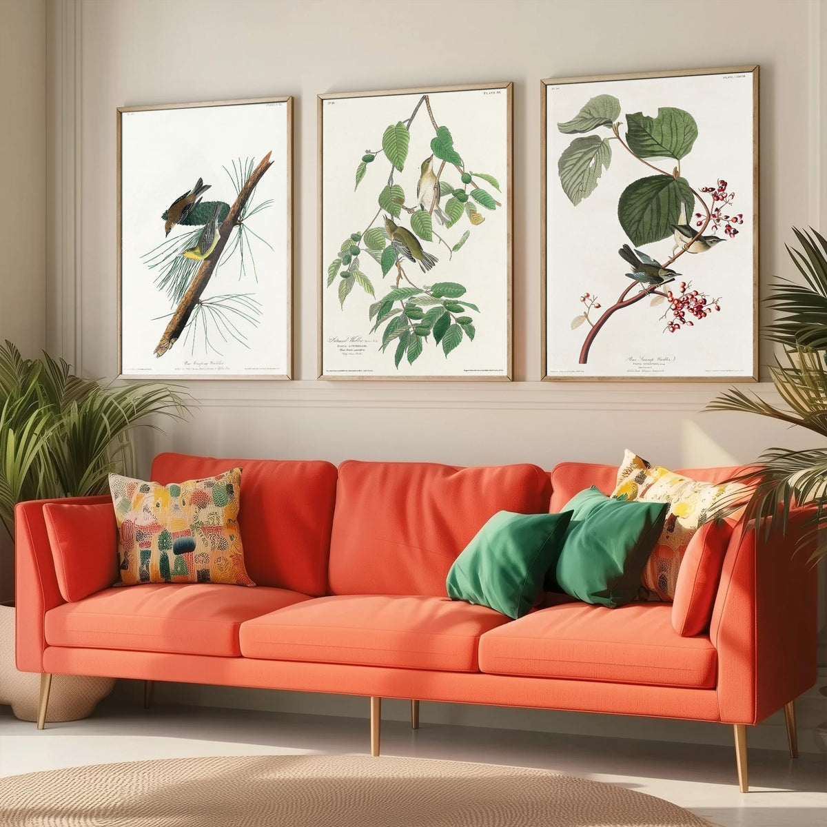 Set of Three John James Audubon Prints - Pine Creeping Warbler Autumnal Warbler Pine Swamp Warbler - 3 Bird Paintings Poster Wall Art