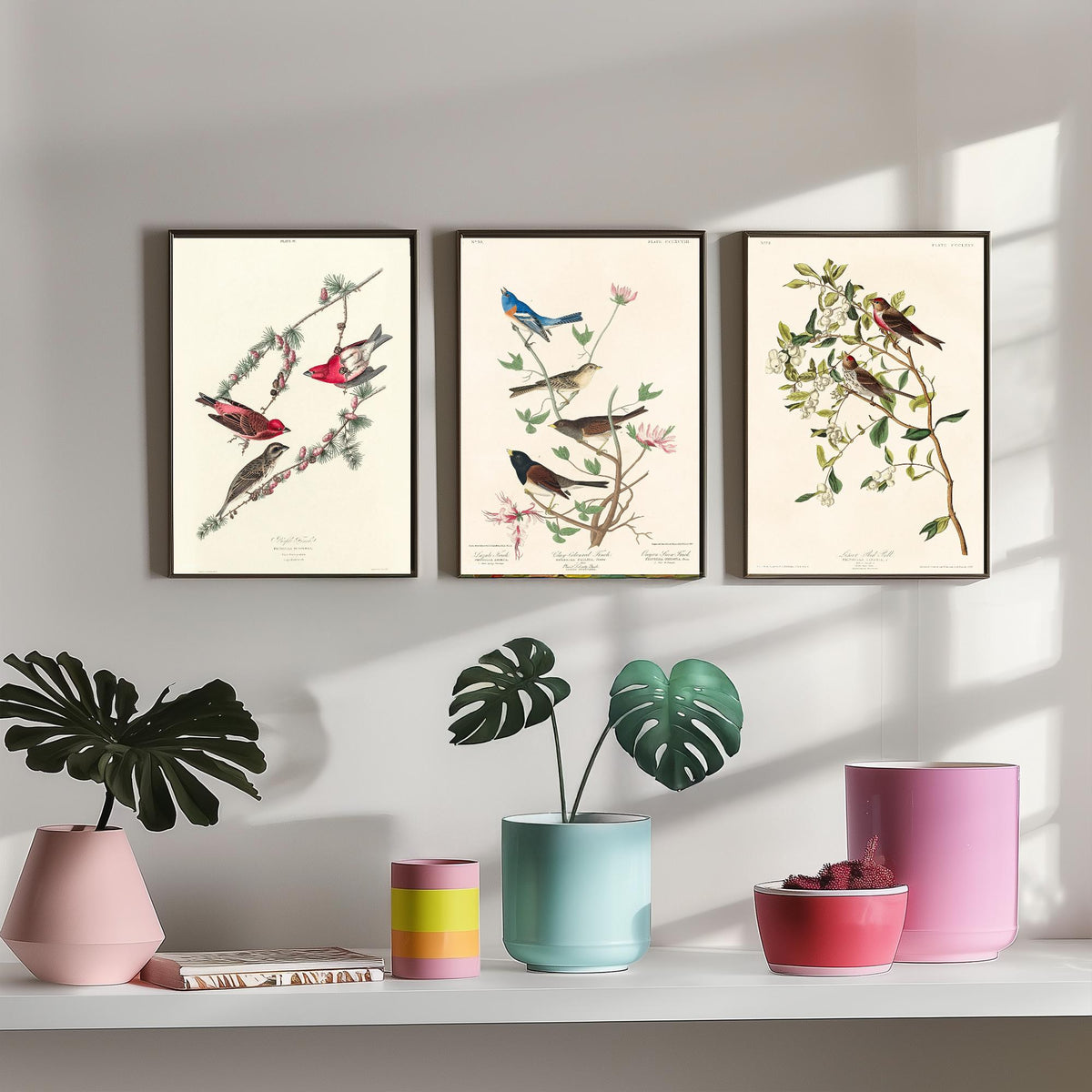 Set of Three John James Audubon Prints - Purple Finch Lazuli Finch Lesser Redpoll - 3 Bird Paintings Poster Wall Art Gift Vintage
