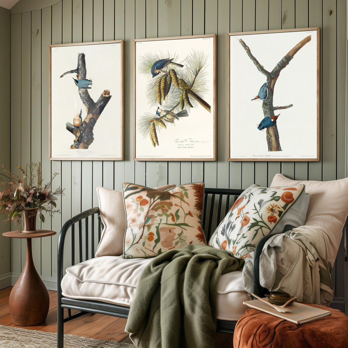 Set of Three John James Audubon Prints - Red-breasted and Brown-headed Nuthatch Crested Titmouse - 3 Bird Paintings Poster Wall Art