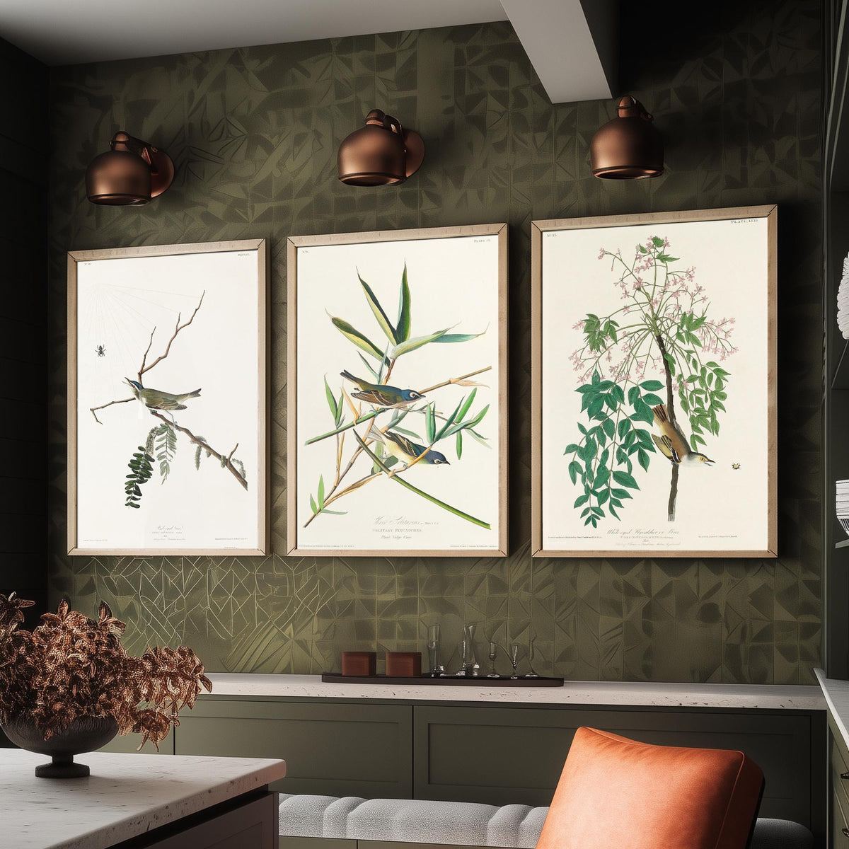 Set of Three John James Audubon Prints - Red-eyed Vireo Solitary Vireo White-eyed Vireo - 3 Bird Paintings Poster Wall Art Gift