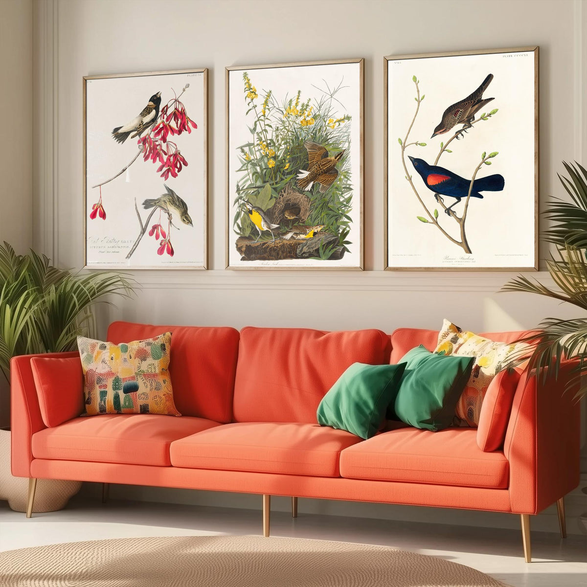 Set of Three John James Audubon Prints - Rice Bird Meadow Lark and Prairie Starling - 3 Bird Paintings Poster Wall Art Gift Vintage