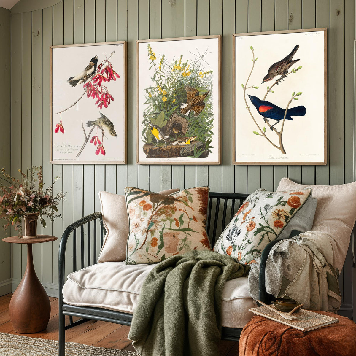 Set of Three John James Audubon Prints - Rice Bird Meadow Lark and Prairie Starling - 3 Bird Paintings Poster Wall Art Gift Vintage