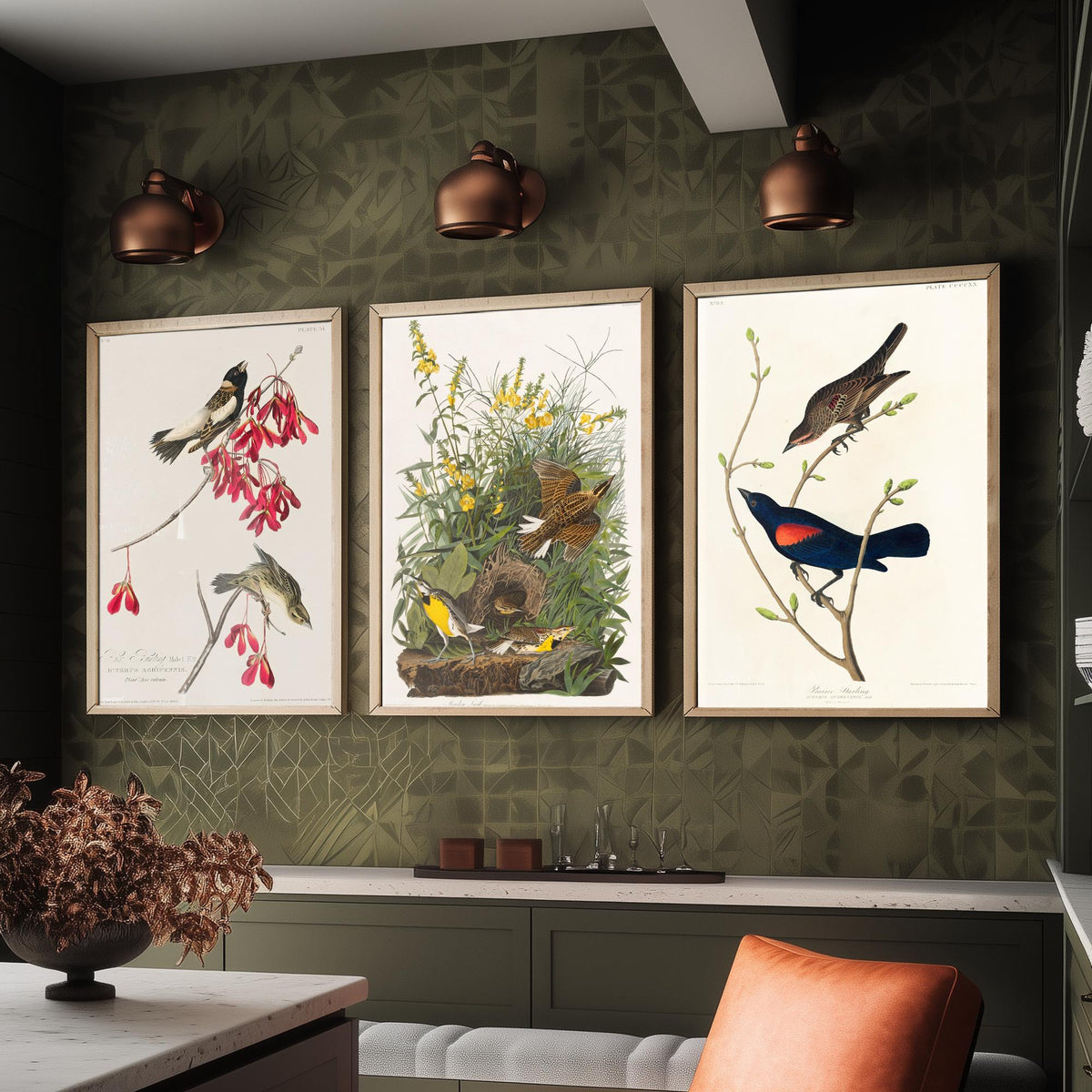 Set of Three John James Audubon Prints - Rice Bird Meadow Lark and Prairie Starling - 3 Bird Paintings Poster Wall Art Gift Vintage
