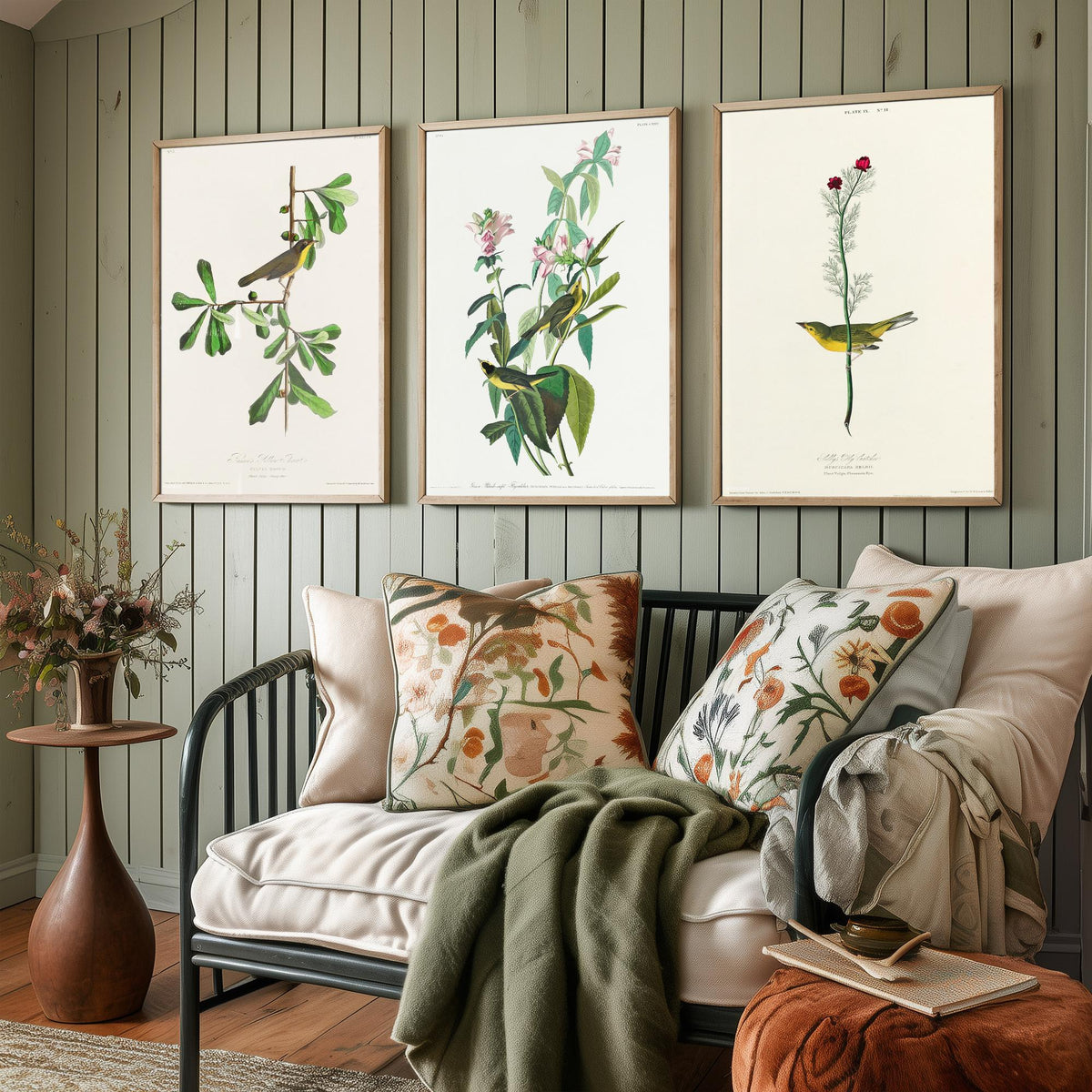 Set of Three John James Audubon Prints - Roscoe's Yellow Throat Green and Selby's Flycatcher - 3 Bird Paintings Poster Wall Art Gift