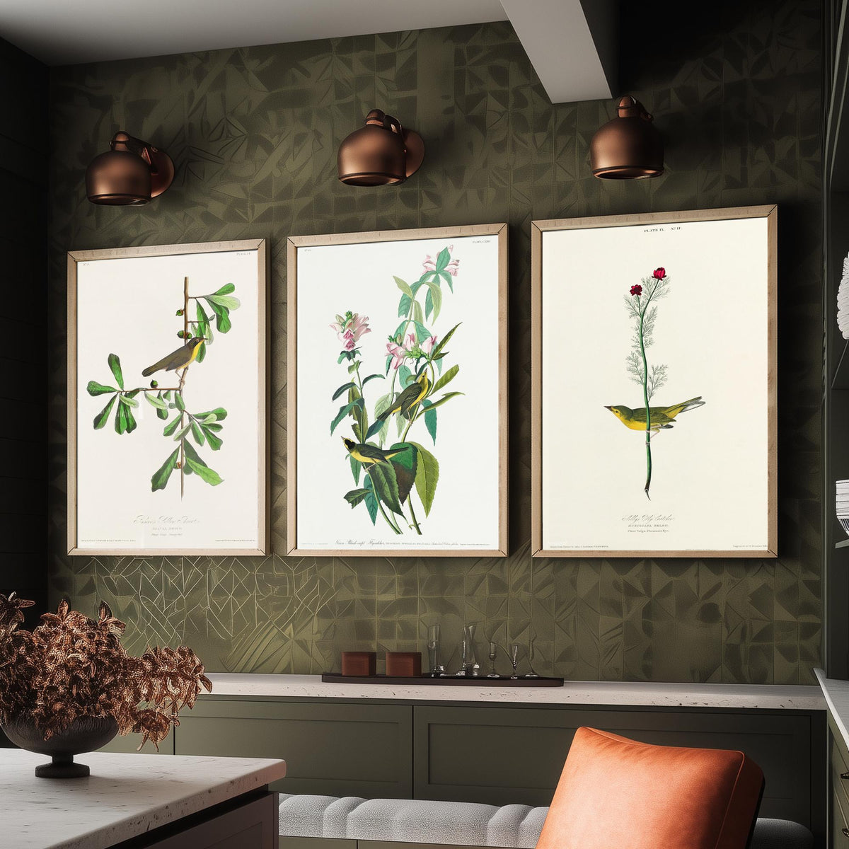 Set of Three John James Audubon Prints - Roscoe's Yellow Throat Green and Selby's Flycatcher - 3 Bird Paintings Poster Wall Art Gift