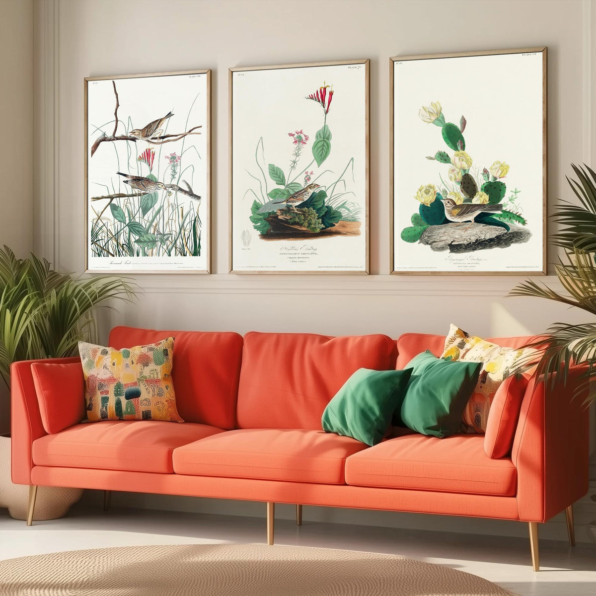 Set of Three John James Audubon Prints - Savannah Finch Henslow's Bunting Grass Finch - 3 Sparrow Paintings Poster Wall Art Gift