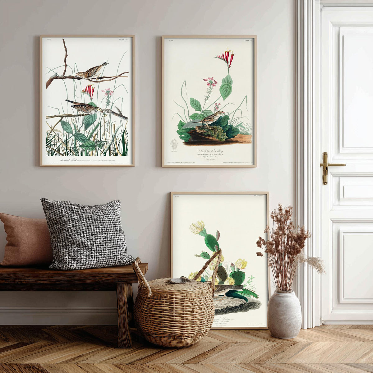 Set of Three John James Audubon Prints - Savannah Finch Henslow's Bunting Grass Finch - 3 Sparrow Paintings Poster Wall Art Gift