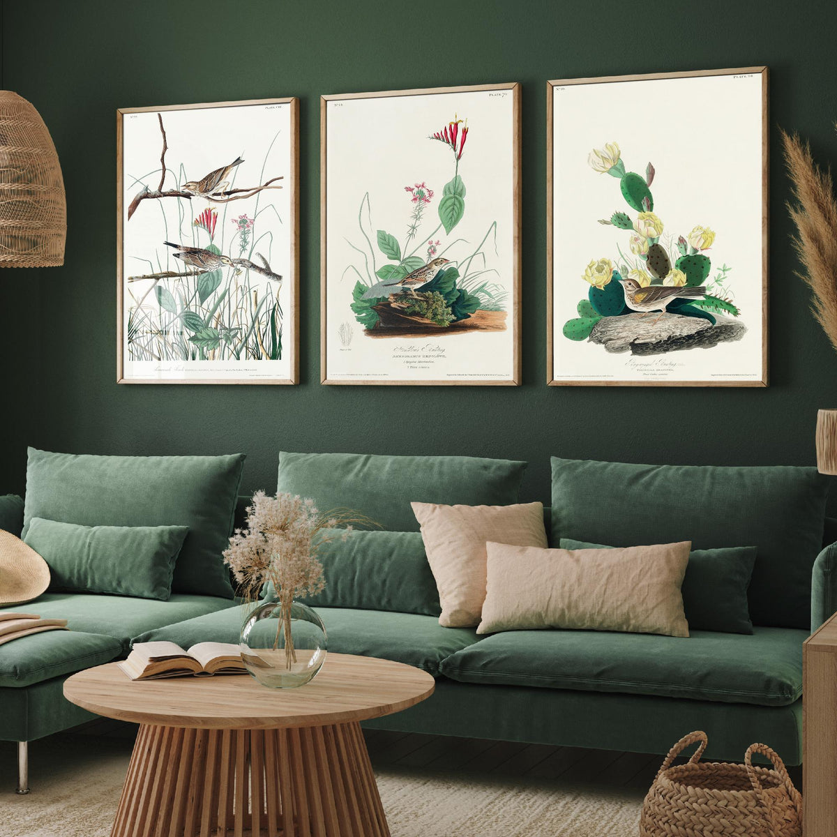 Set of Three John James Audubon Prints - Savannah Finch Henslow's Bunting Grass Finch - 3 Sparrow Paintings Poster Wall Art Gift