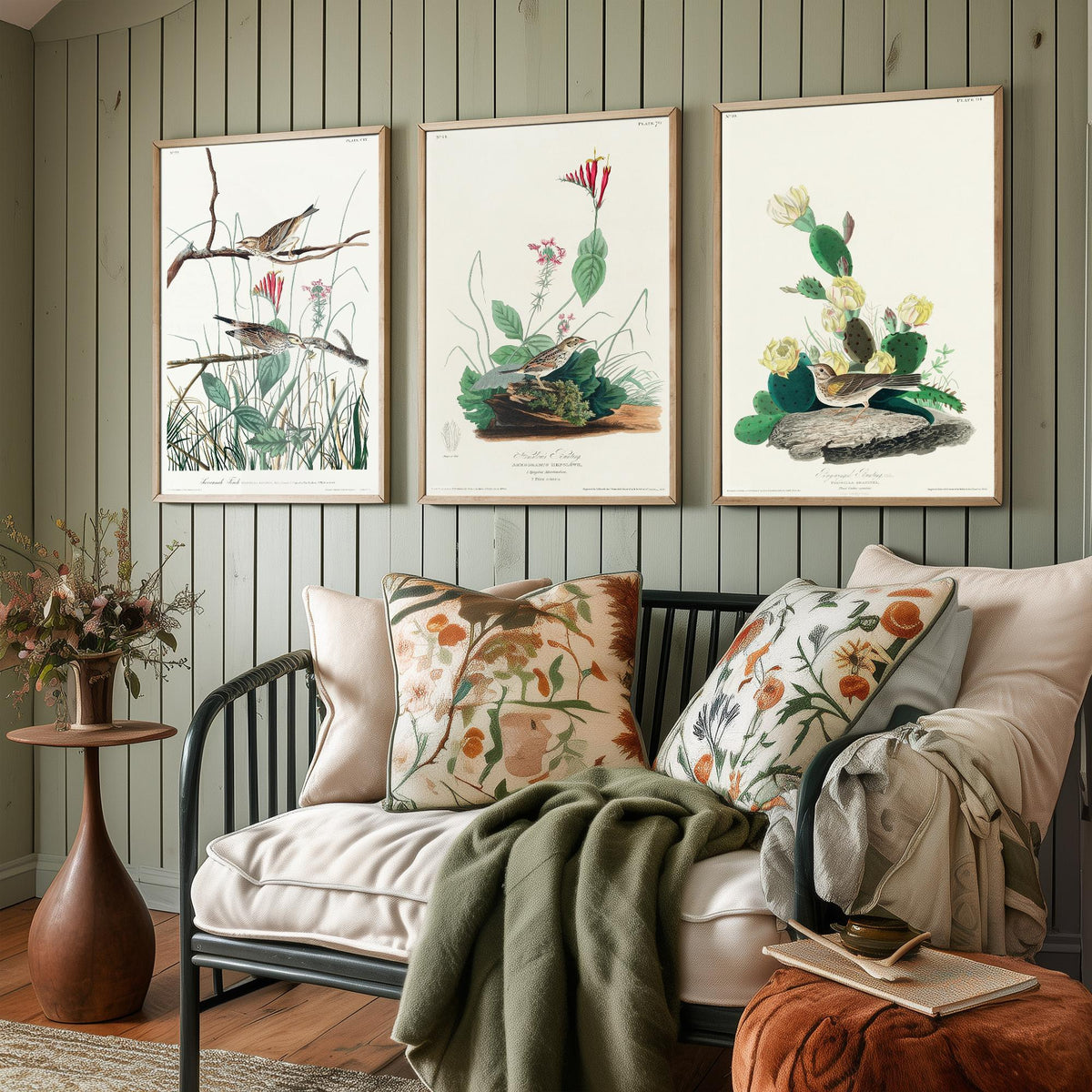 Set of Three John James Audubon Prints - Savannah Finch Henslow's Bunting Grass Finch - 3 Sparrow Paintings Poster Wall Art Gift