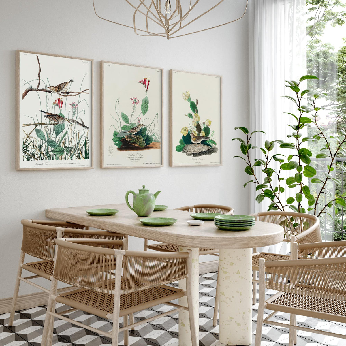 Set of Three John James Audubon Prints - Savannah Finch Henslow's Bunting Grass Finch - 3 Sparrow Paintings Poster Wall Art Gift