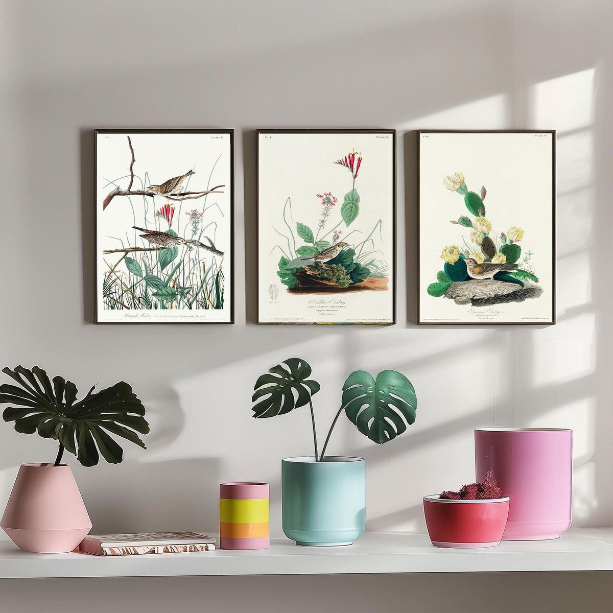 Set of Three John James Audubon Prints - Savannah Finch Henslow's Bunting Grass Finch - 3 Sparrow Paintings Poster Wall Art Gift