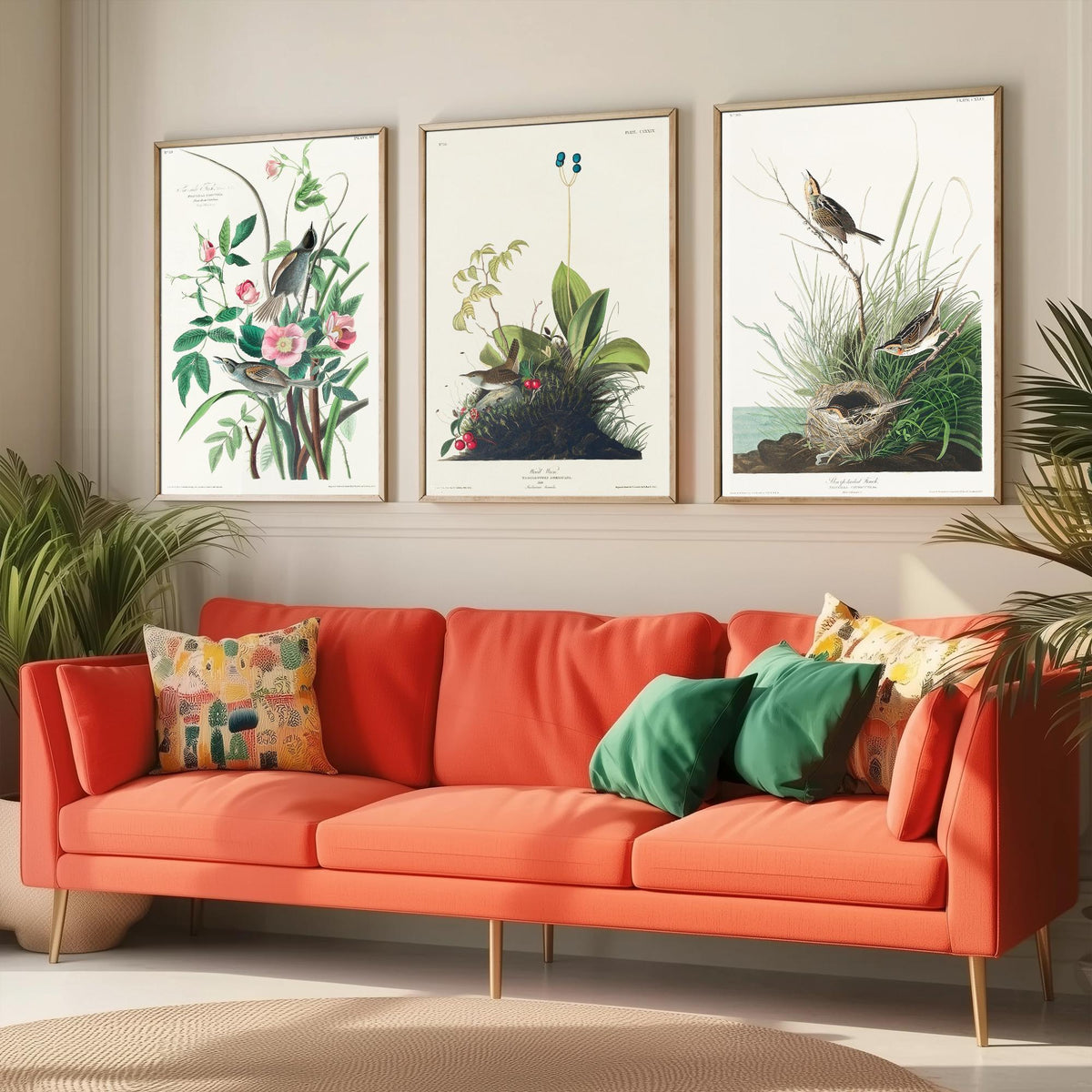 Set of Three John James Audubon Prints - Sea-side Finch Wood Wren Sharp-tailed Finch - 3 Bird Paintings Poster Wall Art Gift Vintage