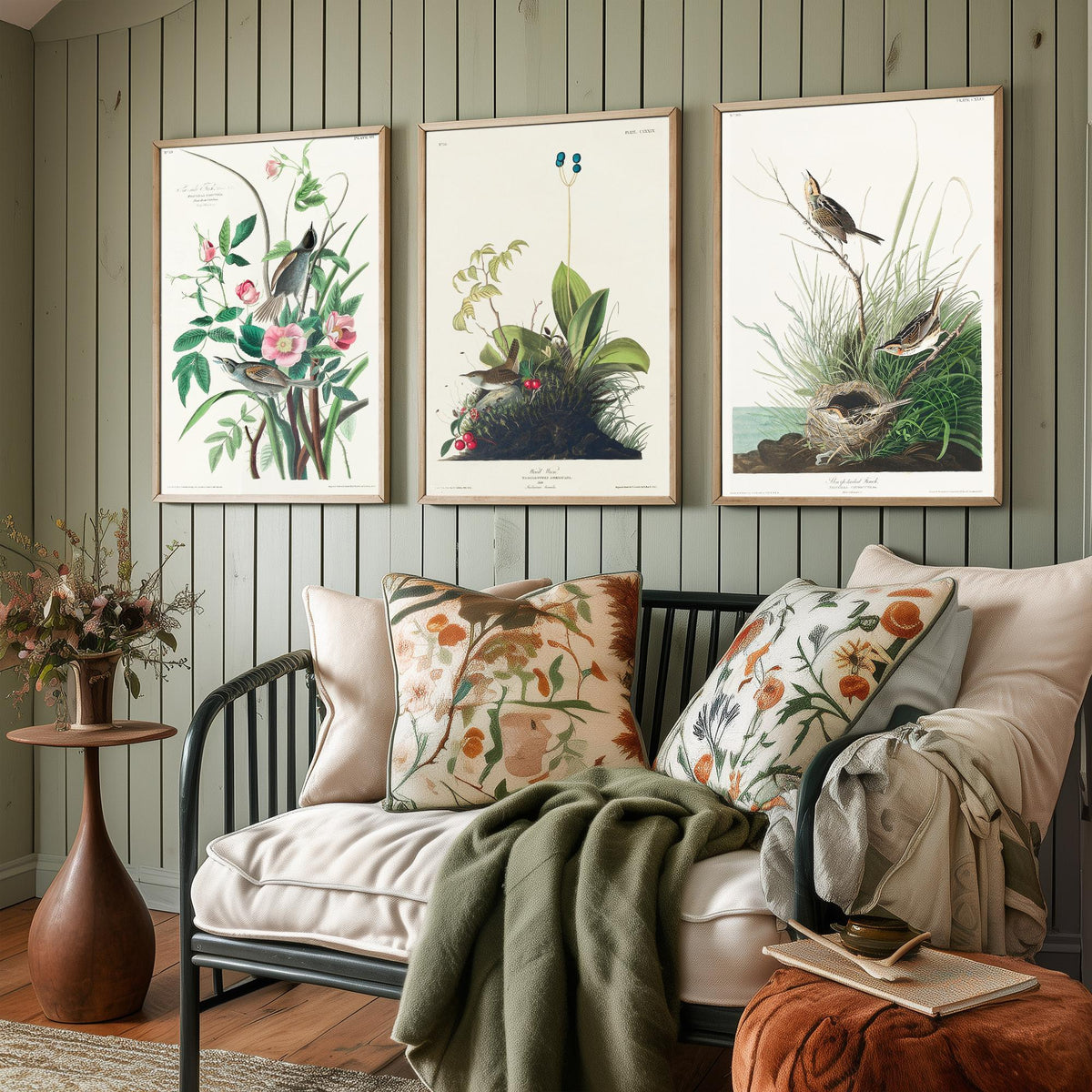 Set of Three John James Audubon Prints - Sea-side Finch Wood Wren Sharp-tailed Finch - 3 Bird Paintings Poster Wall Art Gift Vintage